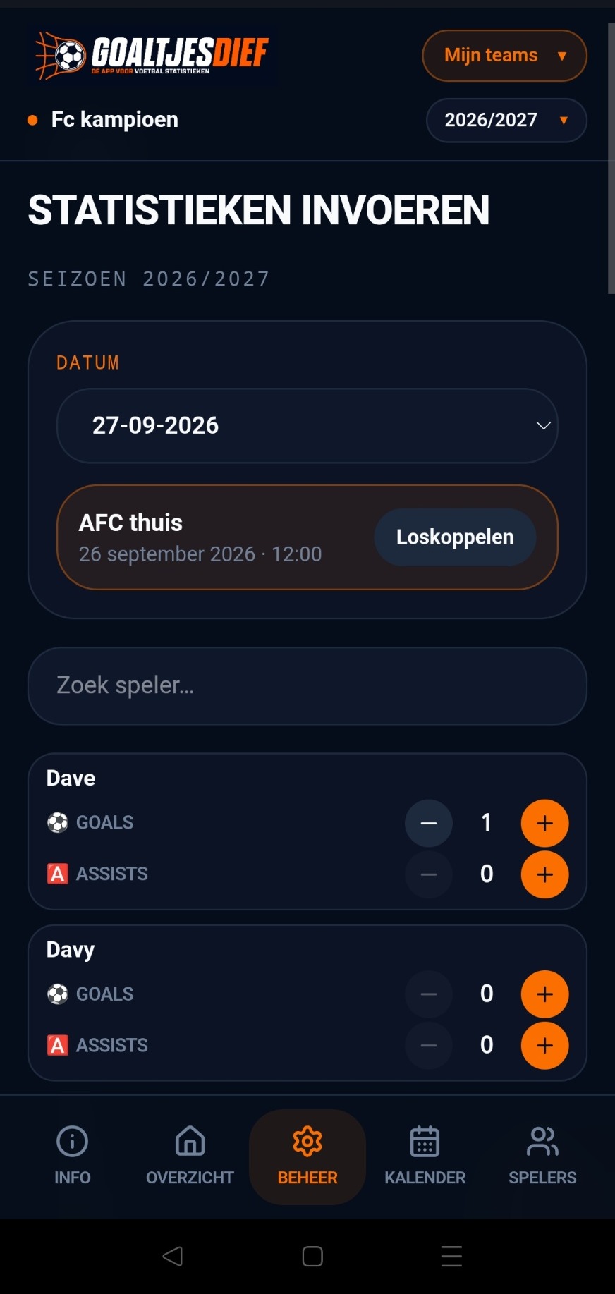 Scherm Statistieken invoeren in Goaltjesdief